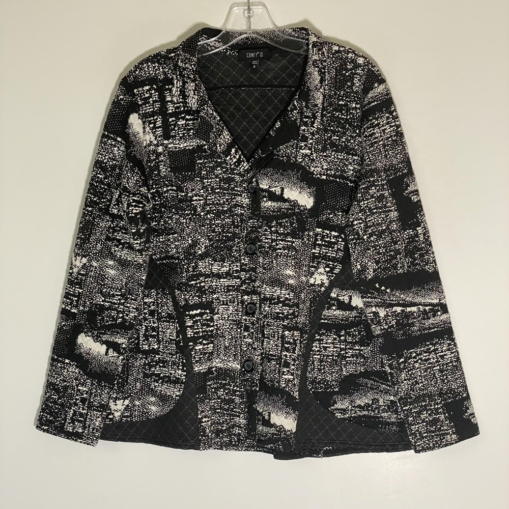Comfy USA Jacket Womens Small Black City Print Quilted Button Pockets Knit